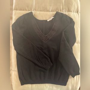 Sezane black wool/cashmere sweater with pretty embroidery neck detail, size M